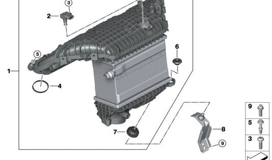 Sistema de admisión con intercooler para BMW Serie 3 G20N, G21N, Serie 4 G26, X3 F97, X4 F98 (OEM 17518053321). Original BMW