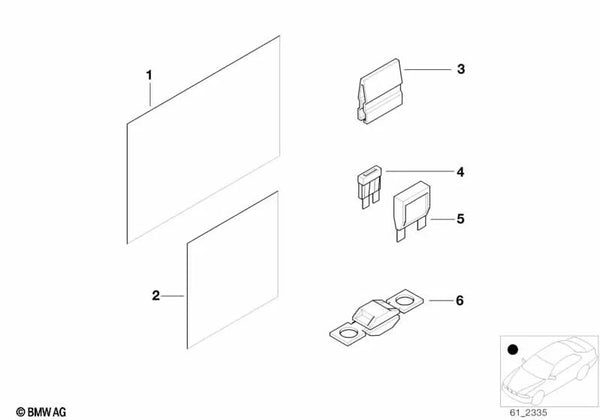 Etiqueta de distribución de fusibles traseros para BMW Z8 E52 (OEM 71236905853). Original BMW