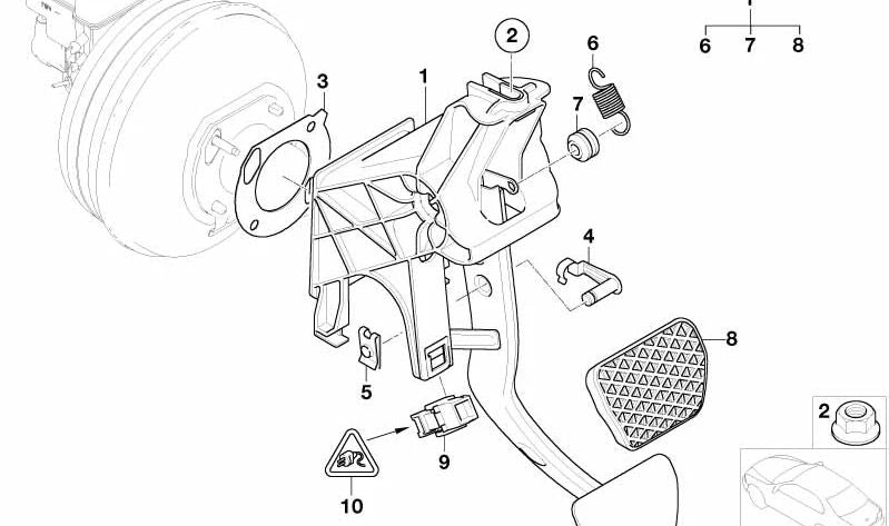 Resorte de retorno del pedal de freno para BMW Serie 5 E60, E61, Serie 6 E63, E64, Serie 7 E65, X3 F25 (OEM 35216753829). Original BMW