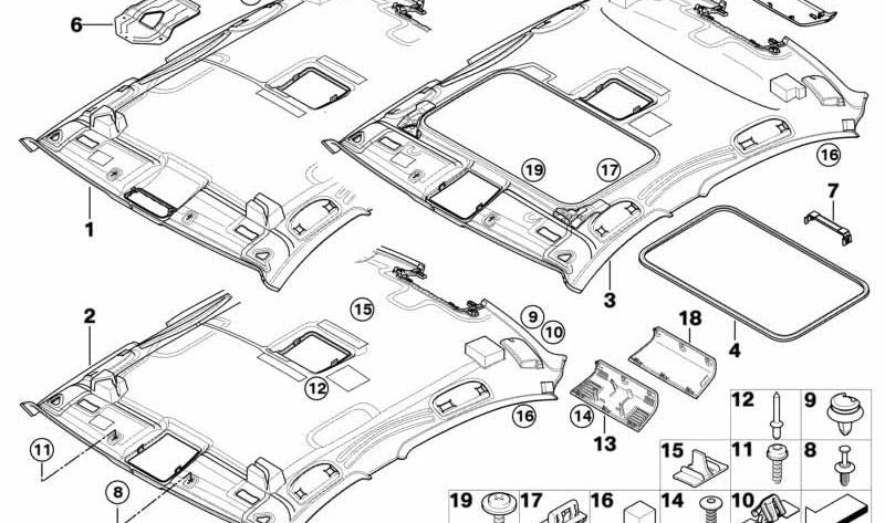 Revestimiento interior techo OEM 51446960556 para BMW E90, E91 (Modelos compatibles: Serie 3). Original BMW.