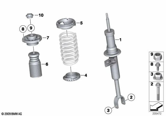 Front left shock absorber for BMW 5 Series F10 (OEM 31316788249). Original BMW.