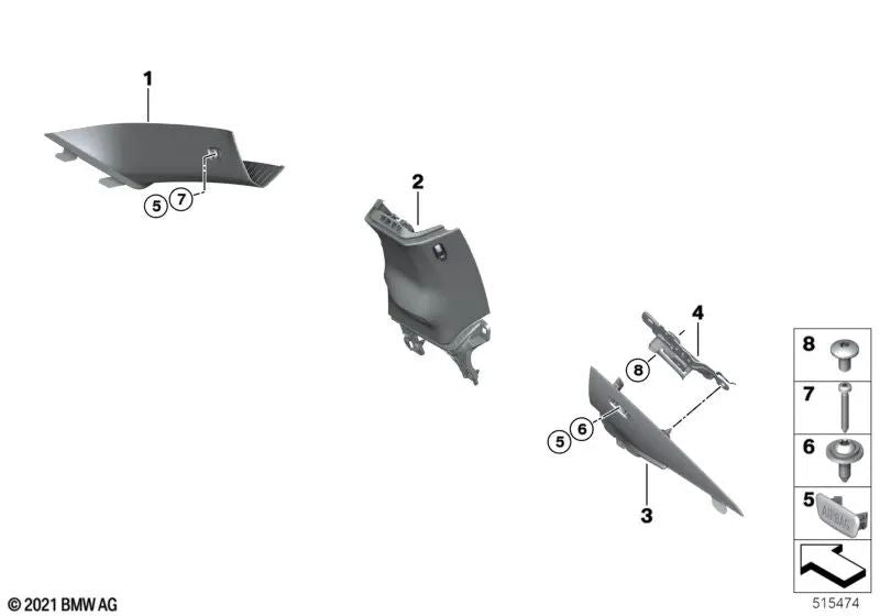 Embutido columna B superior derecha para BMW G42, G87 (OEM 51438746222). Original BMW.