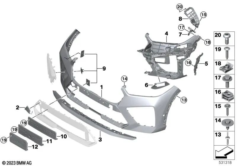 Upper right bumper guide for BMW X6 F96, G06 (OEM 51117478844). Original BMW