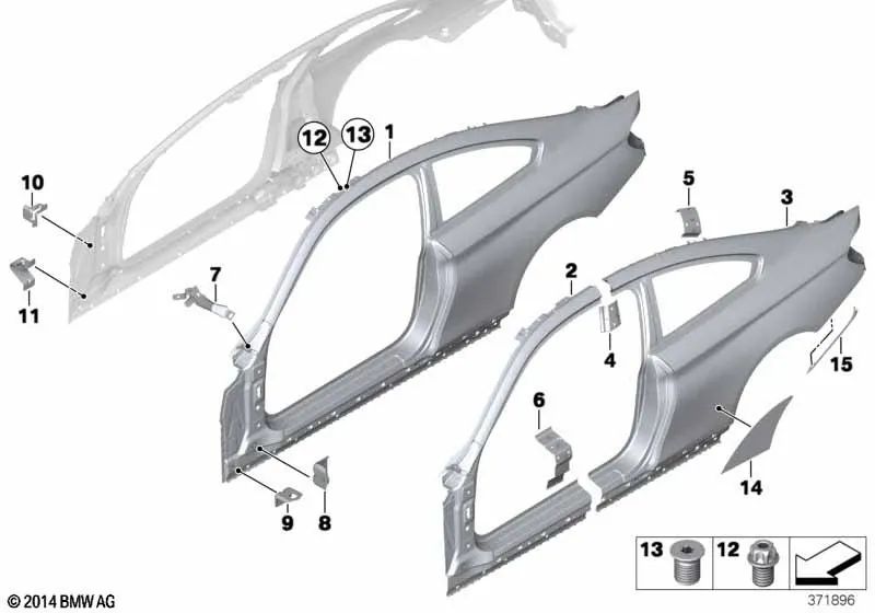 Estrutura lateral externa direita para BMW F32, F32N (OEM 41007344980). BMW original.