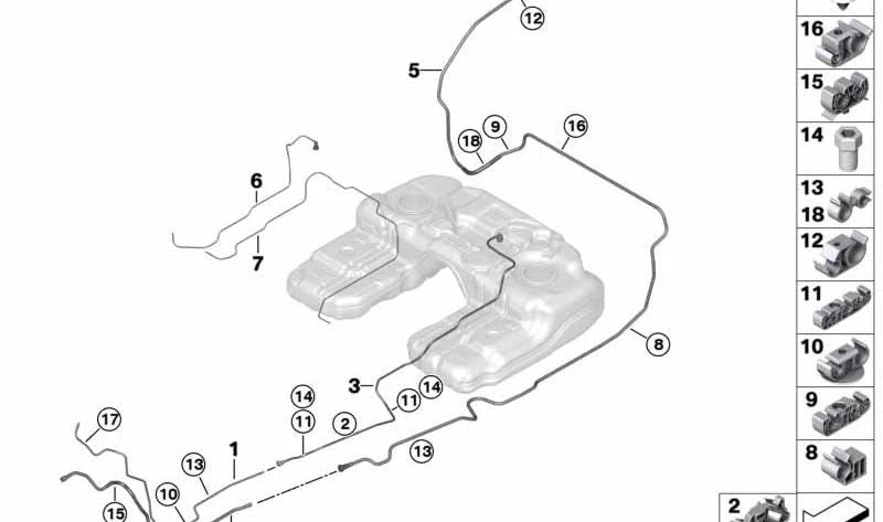 Tubo de ventilación de combustible OEM 16117164402 para BMW E70, E71, F15, F16, F85, F86. Original BMW.