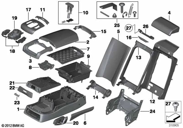 Apoyabrazos Parte Inferior Trasera Central para BMW 7 Series 'Ejemplo: F01, F01N, F02, F02N, F04' (OEM 52207229378). Original BMW