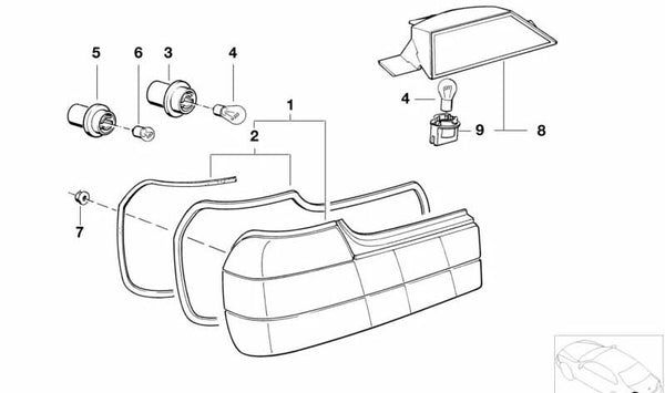 Piloto trasero con luz antiniebla izquierda para BMW E32 (OEM 63211374025). Original BMW