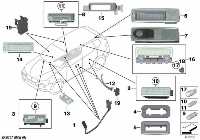 Soporte de la luz del suelo trasera para BMW Serie 3 F35, F35N, X3 F25, X4 F26, X5 F15, F85, X6 F16, F86 (OEM 63319165617). Original BMW