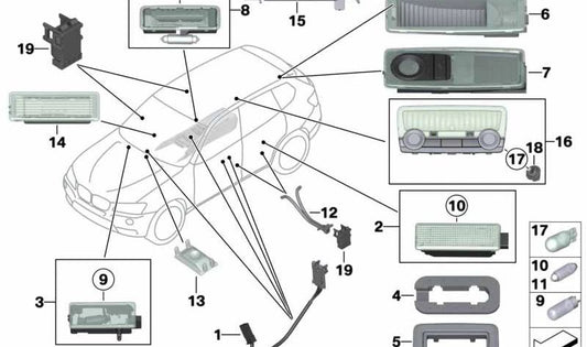 Luz de lectura interior trasera izquierda OEM 63319202921 para BMW F11, F25, F26. Original BMW.