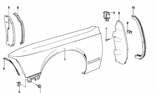 Cubierta del paso de rueda delantero derecho para BMW E23 (OEM 51711846402). Original BMW.