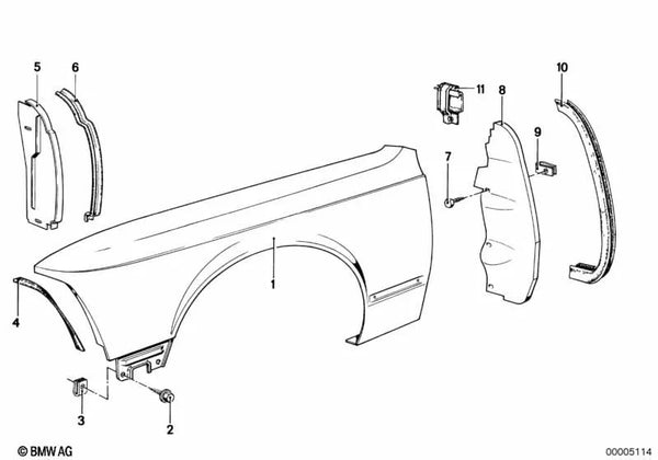 Cubierta del paso de rueda delantero derecho para BMW Serie 7 E23 (OEM 51711871018). Original BMW