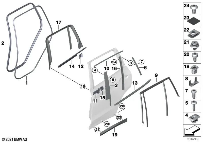 Sellado de ventana puerta trasera derecha para BMW X3 F97, G01, G08 (OEM 51357393430). Original BMW