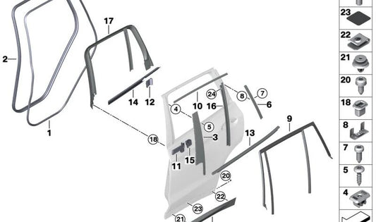 Vedação da porta traseira esquerda OEM 51357393429 para BMW G01, G08, F97. BMW originais.