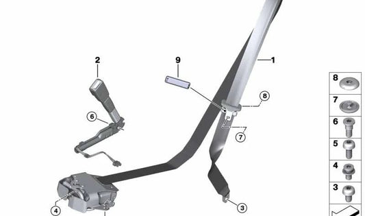 Corrente de segurança frontal direita 72117348092 para BMW F33, F83, F06, F12, F13. BMW original.