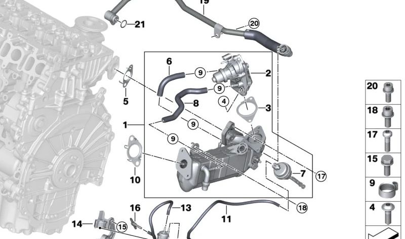 Enfriador de gases de escape para BMW Serie 2 F45N, F46N, X1 F48, X2 F39, MINI F54, F55, F56, F57, F60 (OEM 11718473163). Original BMW