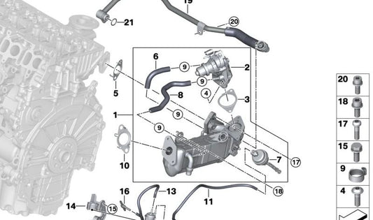 Enfriador de gases de escape para BMW Serie 2 F45N, F46N, X1 F48, X2 F39, MINI F54, F55, F56, F57, F60 (OEM 11718473163). Original BMW