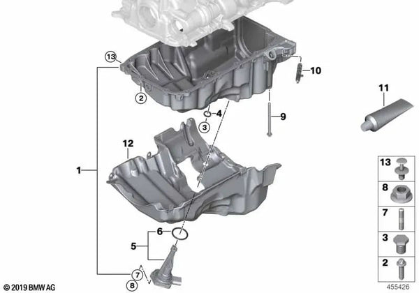 Cárter de aceite para BMW F20N, F21N Serie 1, F22, F23 Serie 2, F30N, F31N, F34N, F35N Serie 3, F32, F33, F36 Serie 4 (OEM 11138611694). Original BMW