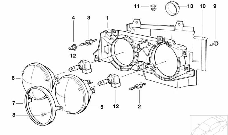 Inserto de luces largas izquierdo para BMW E34, E32 (OEM 63128350137). Original BMW.