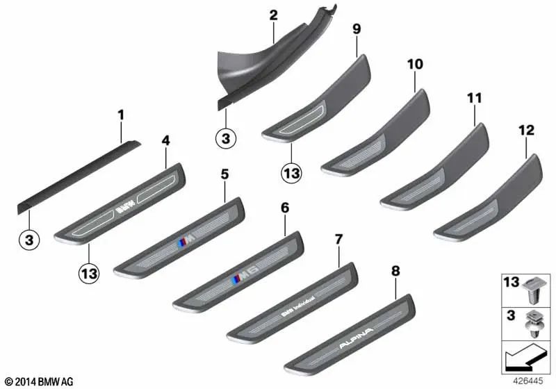 Cubierta de entrada iluminada trasera izquierda para BMW Serie 6 F06, F06N (OEM 51477277249). Original BMW