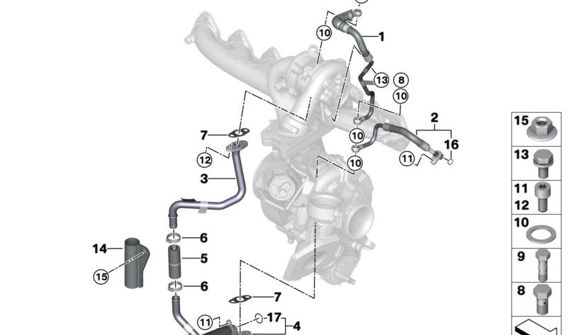 Tubería de Retorno de Aceite del Turbocompresor de Escape para BMW Serie 3 G20, G21, Serie 4 G22, G23, Serie 5 G30N, G31N, Serie 6 G32N, Serie 7 G11N, G12N, Serie 8 G14, G15, G16, X3 G01, X4 G02, X5 G05, X6 G06, X7 G07 (OEM 11428596251). Original BMW