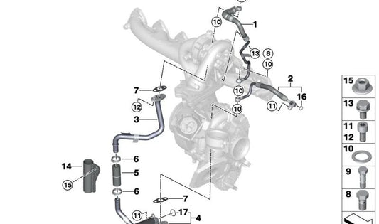 Tubería de Retorno de Aceite del Turbocompresor de Escape para BMW Serie 3 G20, G21, Serie 4 G22, G23, Serie 5 G30N, G31N, Serie 6 G32N, Serie 7 G11N, G12N, Serie 8 G14, G15, G16, X3 G01, X4 G02, X5 G05, X6 G06, X7 G07 (OEM 11428596251). Original BMW