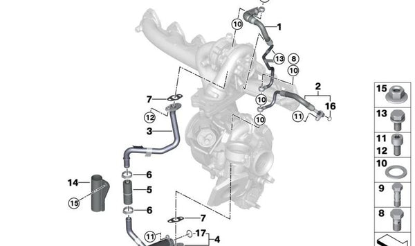 Tubería de Alimentación de Aceite para BMW Serie 3 G20, G21, Serie 4 G22, G23, Serie 5 G30N, G31N, Serie 6 G32N, Serie 7 G11N, G12N, Serie 8 G14, G15, G16, X3 G01, X4 G02, X5 G05, X6 G06, X7 G07 (OEM 11425A76560). Original BMW