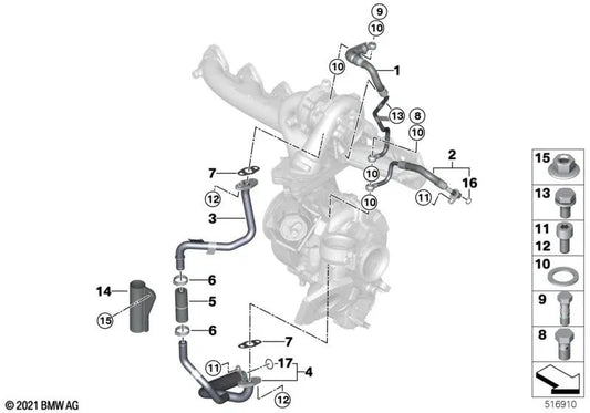 Turbolader-Ölrücklaufrohr für BMW 3er G20, G21, 4er G22, G23, G26, 5er G30N, G31N, 6er G32N, 7er G11N, G12N, G70, 8er G14, G15, G16, X3 G01, X4 G02, X5 G05, X6 G06, X7 G07 (OEM 11427824704). Original BMW.