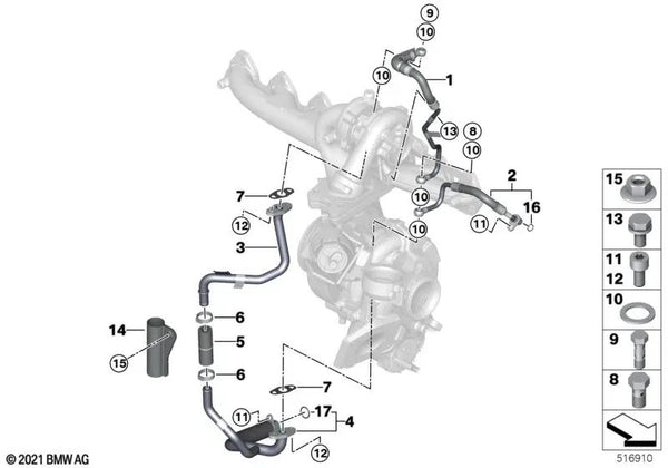 Tubo de retorno de aceite del turbocompresor para BMW Serie 3 G20, G21, Serie 4 G22, G23, G26, Serie 5 G30N, G31N, Serie 6 G32N, Serie 7 G11N, G12N, G70, Serie 8 G14, G15, G16, X3 G01, X4 G02, X5 G05, X6 G06, X7 G07 (OEM 11427824704). Original BMW.