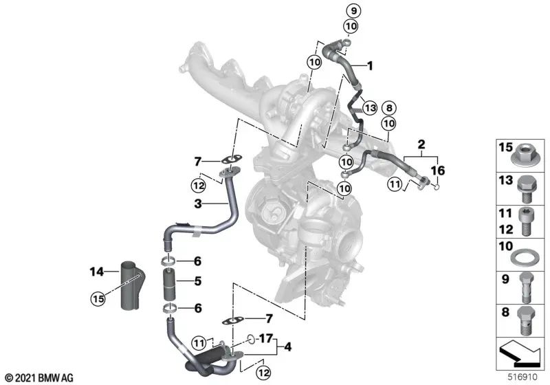 Conducto de retorno de aceite del turbocompresor para BMW Serie 3 G20, G21, Serie 4 G22, G23, Serie 5 G30N, G31N, Serie 6 G32N, Serie 7 G11N, G12N, Serie 8 G14, G15, G16, X3 G01, X4 G02, X5 G05, X6 G06, X7 G07 (OEM 11428596252). Original BMW