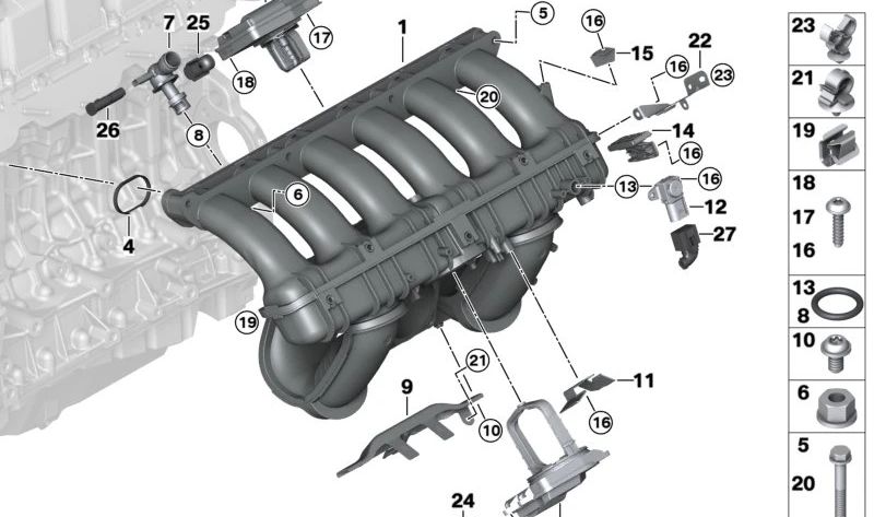 Conducto de admisión para BMW Serie 3 E90, E91, E92, E93, Serie 5 E60, E61, X3 E83N, Z4 E85, E89 (OEM 11617559525). Original BMW