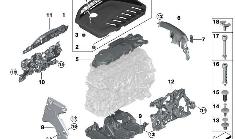 Aislamiento térmico tapa del cilindro para BMW Serie 3 G20, G21, Serie 4 G22, G23, G26, Serie 5 G30N, G31N, G60, G61, Serie 6 G32N, Serie 7 G11N, G12N, G70, Serie 8 G14, G15, G16, X3 G01, X4 G02, X5 G05, X6 G06, X7 G07 (OEM 11148598273). Original BMW