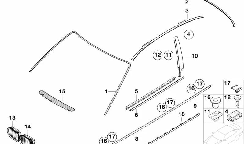 Moldura del techo derecha para BMW E46 (OEM 51138252374). Original BMW