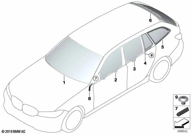 Cristal lateral fijo trasero izquierdo para BMW Serie 3 G21, G21N, G81 (OEM 51377499517). Original BMW