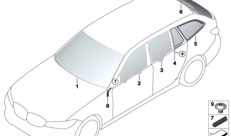 Cristal fijo lateral puerta trasera izquierda OEM 51357433981 para BMW G21 (Serie 3 Touring). Original BMW