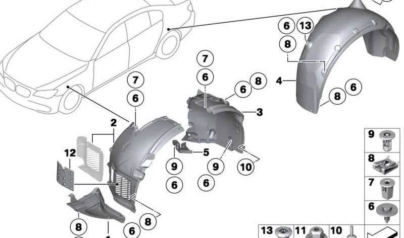 Cubierta del Paso de Rueda Parte Delantera Izquierda para BMW Serie 7 F01, F02, F04 (OEM 51717185163). Original BMW.