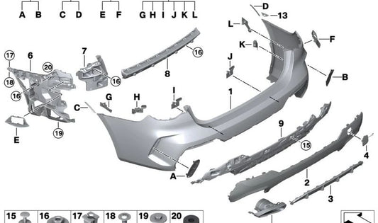 Set de embellecedores de paragolpes trasero OEM 51129850255 para BMW G22, G23. Original BMW.