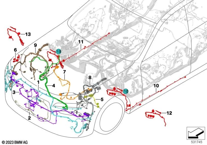 Kit de chicote elétrico de substituição dianteiro direito para BMW G70 (OEM 61125A7C9E4). BMW original