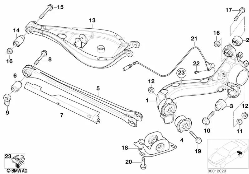 Brazo longitudinal derecho para BMW Serie 3 E46 (OEM 33326774780). Original BMW