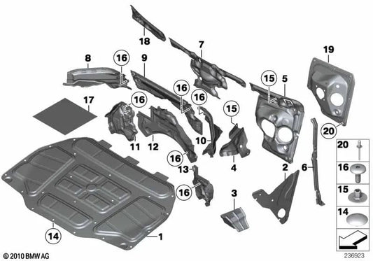 Aislamiento acústico del mamparo del compartimento del motor derecho para BMW Serie 5 F07, F07N (OEM 51489138476). Original BMW