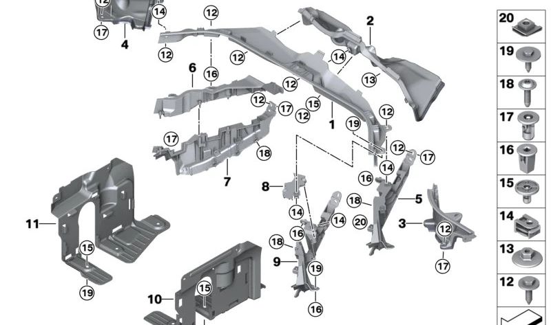 Couverture inférieure droite du moteur Vain OEM 61139866392 pour BMW G05, G18, F95, G06, F96, G07. BMW d'origine.