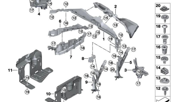 Refuerzo superior de pared frontal OEM 51717424939 para BMW G05, F95, G06, F96, G07, G09. Original BMW.