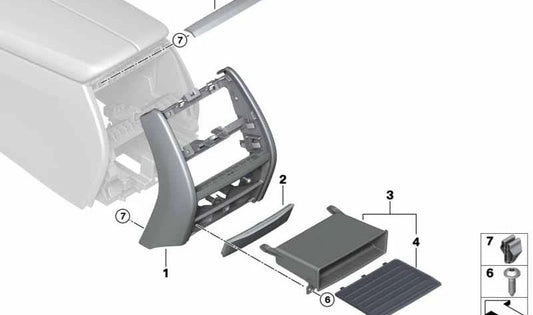 Compartimento trasero de la consola central para BMW Serie 7 G11, G12 (OEM 51169302185). Original BMW