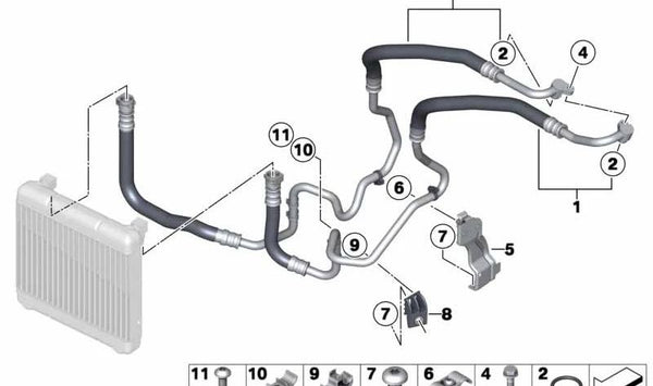 Tubería de retorno del radiador de aceite OEM 17227593001 para BMW F07, F10, F11. Original BMW.