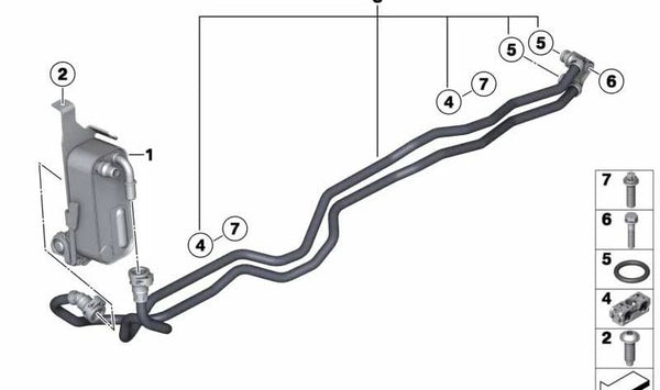 Línea del enfriador de aceite de la transmisión para BMW X3 F25, X4 F26 (OEM 17227601763). Original BMW.