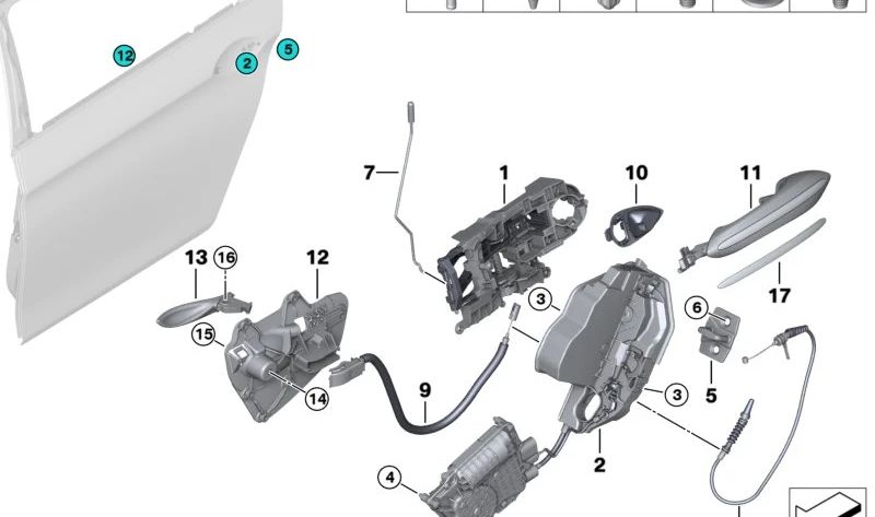 Cubierta del asa inferior izquierda para BMW F07, F10, F11, F18, F06, F12, F13, Serie 7 F01, F02, F04 (OEM 51217292575). Original BMW.