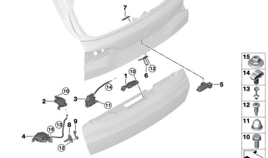 Rear tailgate lock bottom right for BMW X5 F95, G05, G18, X7 G07 (OEM 51247475462). Original BMW