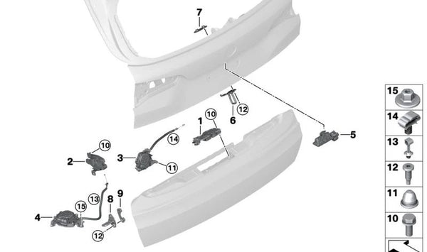 Cerradura portón trasero abajo derecha para BMW X5 F95, G05, G18, X7 G07 (OEM 51247475462). Original BMW