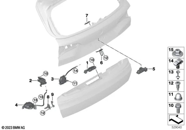 Cierre de la puerta trasera inferior para BMW X5 F95, G05, G18, X7 G07 (OEM 51247430153). Original BMW.