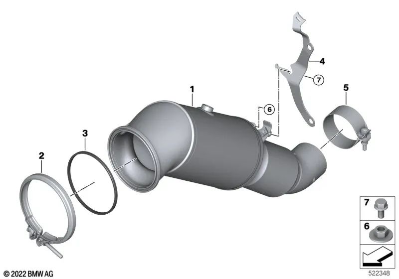 Catalytic converter support close to the engine for BMW 5 Series G60, 7 Series G70, X5 G05N, X6 G06N, X7 G07N, XM G09 (OEM 18325A04CC1). Genuine BMW.