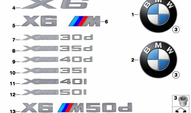 Emblema letras "X6" OEM 51147208559 para BMW E71 (2007-2014). Original BMW.